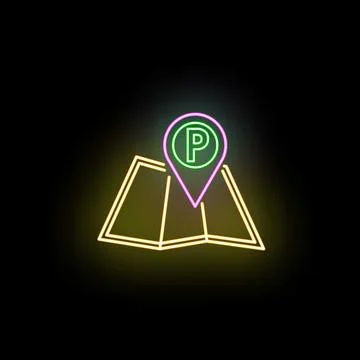 Neon parking location pin on map icon Stock Illustration