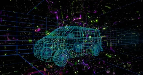 Neon particles sparking behind wireframe van, swirling into vortex showing data Stock Footage 327642120