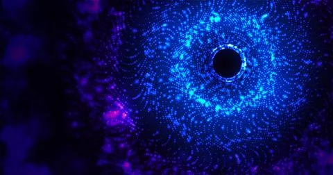 Neon particles tunnel. Big data. Magic purple abstract cosmic background. Light 스톡 일러스트