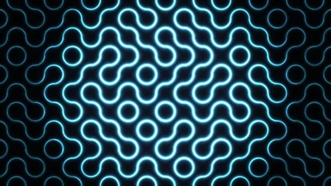Neon pattern design with glowing lines and shapes on dark Stock Footage 338302040