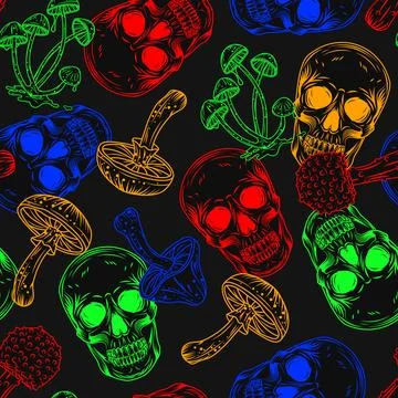 Neon pattern with human skull, fantasy mushrooms Illustrazione stock