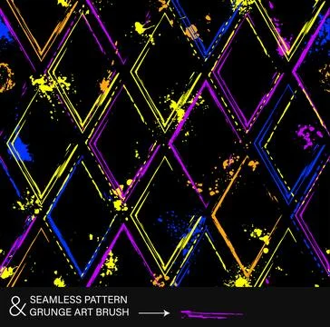 Neon pattern with rhombus grid, spattered paint Stock Illustration