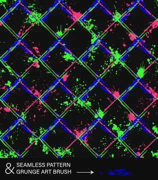 Neon pattern with square grid, spattered paint Stock Illustration