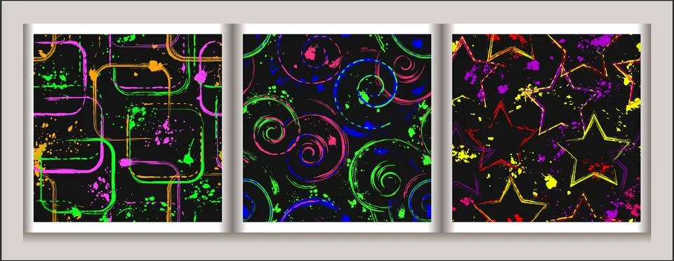 Neon patterns with paint splatter geometric shapes Illustrazione stock