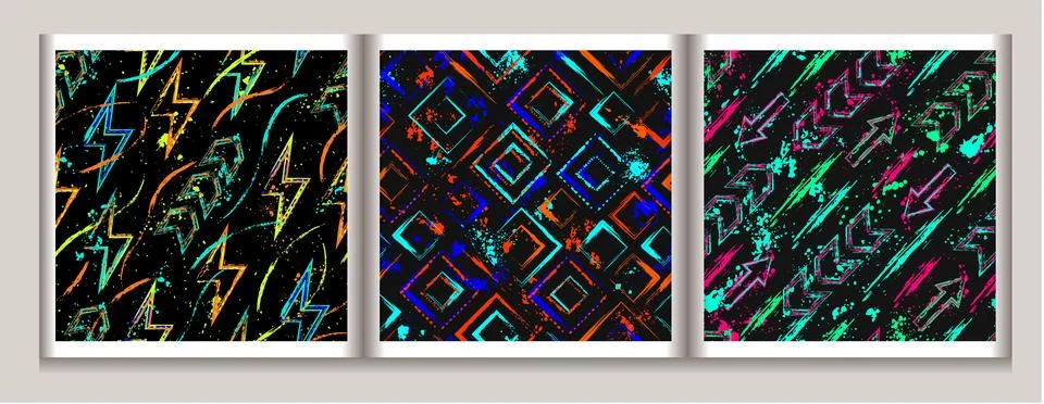 Neon patterns, paint splatter, paint brush strokes Stock Illustration