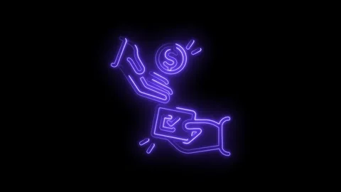Neon payment method icon animation depicts hand giving coin receiving credit Stock Footage 330776231