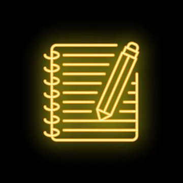 Neon pencil writing in notepad taking notes icon Stock Illustration