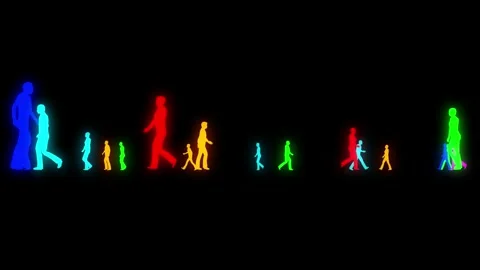 Neon people crowd walk on black bg Stock Footage 312587786