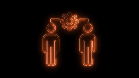 Neon people icons sharing knowledge with cogwheel on dark background concept 動画素材 309908527