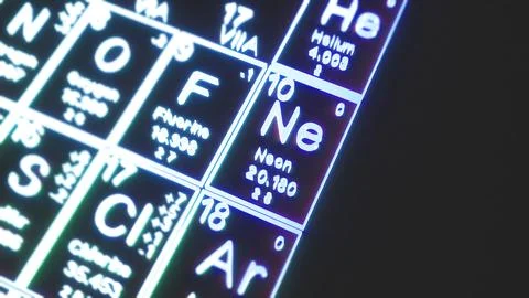 Neon on the periodic table of the elements on black blackground,history of .. Stockillustratie