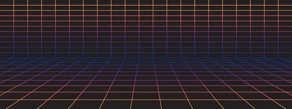 Neon perspective grid floor on black background. Gradient wireframe. Futuri.. Stock Illustration
