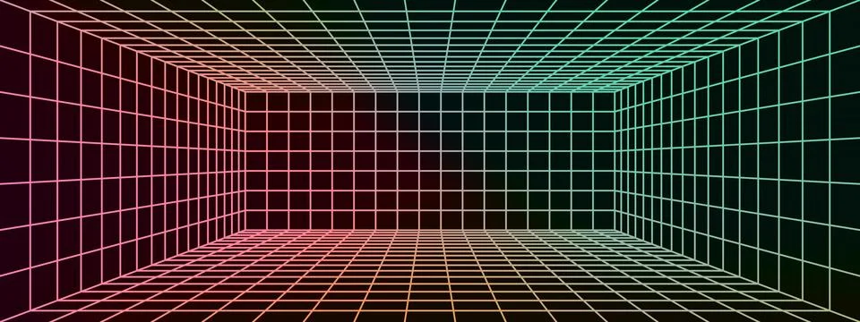 Neon perspective grid floor on black background with retro gradient wirefra.. Stock Illustration