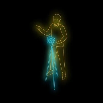 Neon photographer using camera on tripod isometric illustration 스톡 일러스트