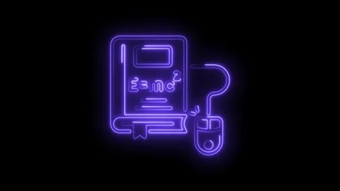 Neon physics book and computer mouse icon animation on black background for Stock Footage 322994083
