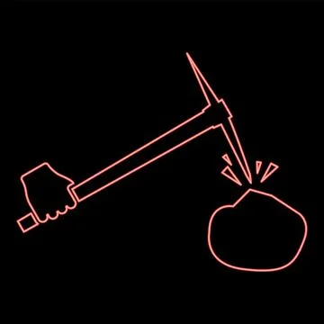 Neon pickaxe hit stone in hand red color vector illustration image flat style Illustrazione stock