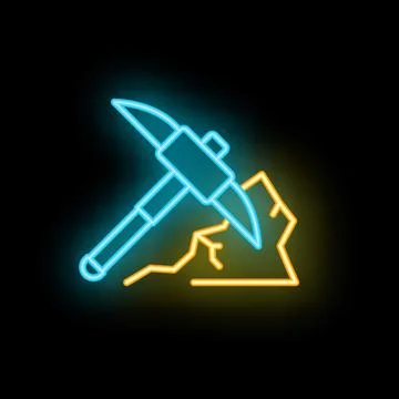 Neon pickaxe mining cryptocurrency from a rock icon Stock Illustration