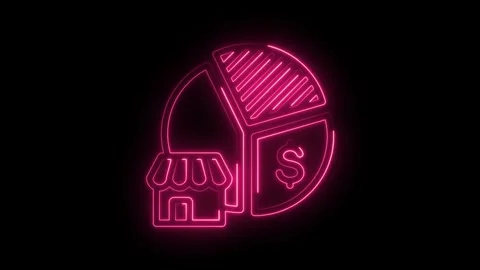 Neon pie chart representing market share with shop and dollar sign on black.. Stock Footage 346004043