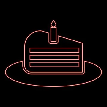 Neon piece of cake slice with candle red color vector illustration image flat Stock Illustration