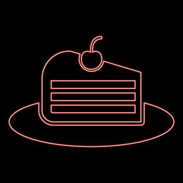 Neon piece of cake slice with cherry red color vector illustration image flat Stock Illustration