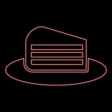 Neon piece of cake slice on dish red color vector illustration image flat sty Stock Illustration