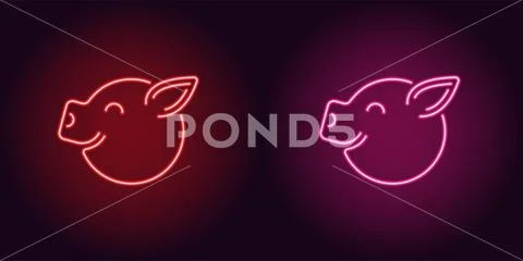Neon piglet face in red and pink color Stock Illustration