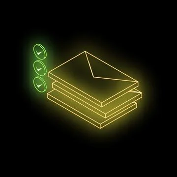 Neon pile of envelopes showing validation with check marks in dark background Stock Illustration