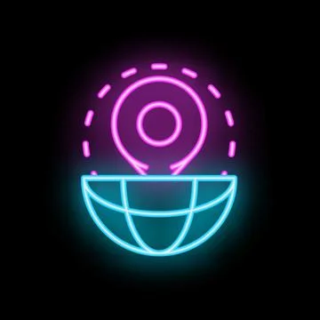 Neon pin icon hovering over half open world globe on black background Stock Illustration