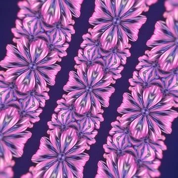 Neon pink 3D flower diagonal pattern on purple halftone background Stock Illustration