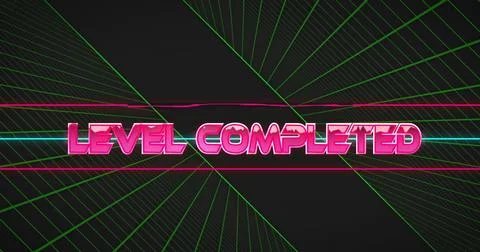 Neon pink 3D LEVEL COMPLETED text shining in gaming interface, with pink-cyan Stock Photos