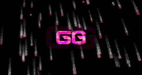 Neon pink 5G label floating in abstract scene, showing binary streams in 3D Stock Footage 307428444