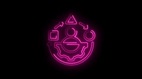 Neon pink abstract workflow process icon with gear and user symbol cycling Stock Footage 333962267