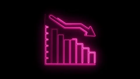 Neon pink animated decreasing bar chart with arrow on black background for .. 库存影片 314538017