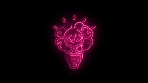 Neon pink brain lightbulb with code symbols inside glowing on icon black ba.. Stock Footage 346827268