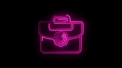 Neon pink briefcase icon with integrated gear symbol glowing on black background Stock Footage 333970235