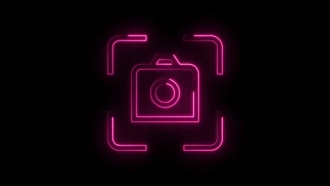 Neon pink camera icon with framing box animation on black background video lo Stock Footage 314545299