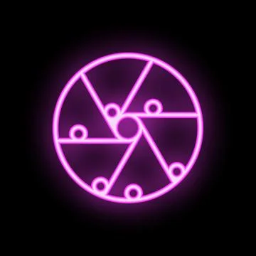 Neon pink camera shutter glowing on black background Stock Illustration