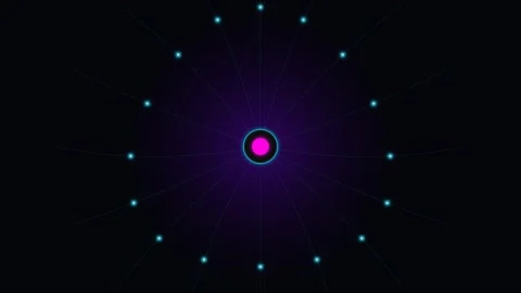 Neon pink center surrounded by an array of glowing blue dots on black 库存影片 338309476