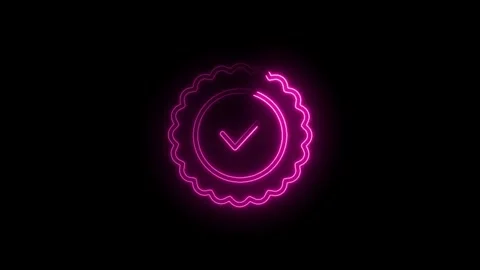 Neon pink check mark in rosette award badge design on black background Stock Footage 314535619