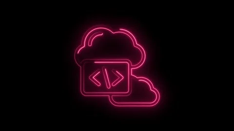 Neon pink cloud coding icon glowing on black background digital technology .. Stock Footage 346827328