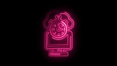 Neon pink cloud computer and stopwatch animation glowing on black backgroun.. Stock Footage 346014415