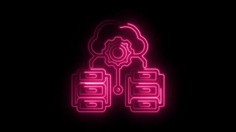 Neon pink cloud computing data storage server rack gear animation on black .. Stock Footage 346011727