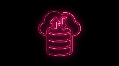 Neon pink cloud database with upload download arrows glowing on black backg.. Stock Footage 346014450