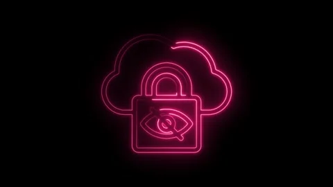 Neon pink cloud lock with crossed out eye symbol representing data privacy .. Stock Footage 346014414