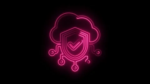 Neon pink cloud security shield with checkmark and circuit board connection.. Stock Footage 346014172