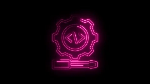 Neon pink coding gear and screwdriver icon glowing on black background repr.. Stock Footage 346827486