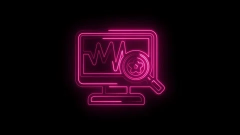 Neon pink computer screen displaying a fluctuating graph and a magnifying glass 스톡 동영상 333959955