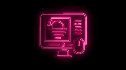Neon pink computer screen with sunrise and lines artistic glowing animated ic Stock Footage 345996863