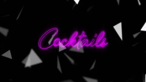 Neon-pink cursive Cocktails glowing in black field, drifting gray triangular Stock Footage 307462966