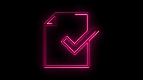 Neon pink document with check mark animation glowing on a black background Stock Footage 315960796