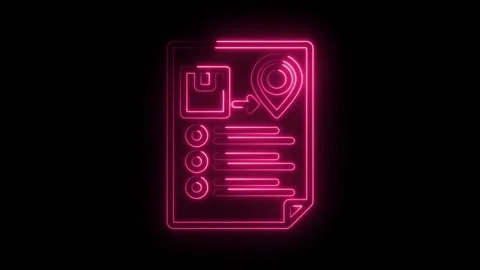 Neon pink document with location pin and checklist animation on black background Stock Footage 330784549
